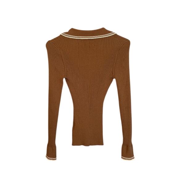 Free Market Brown Ribbed Button Henley Collared Clouse Women Sz M - Picture 2 of 8